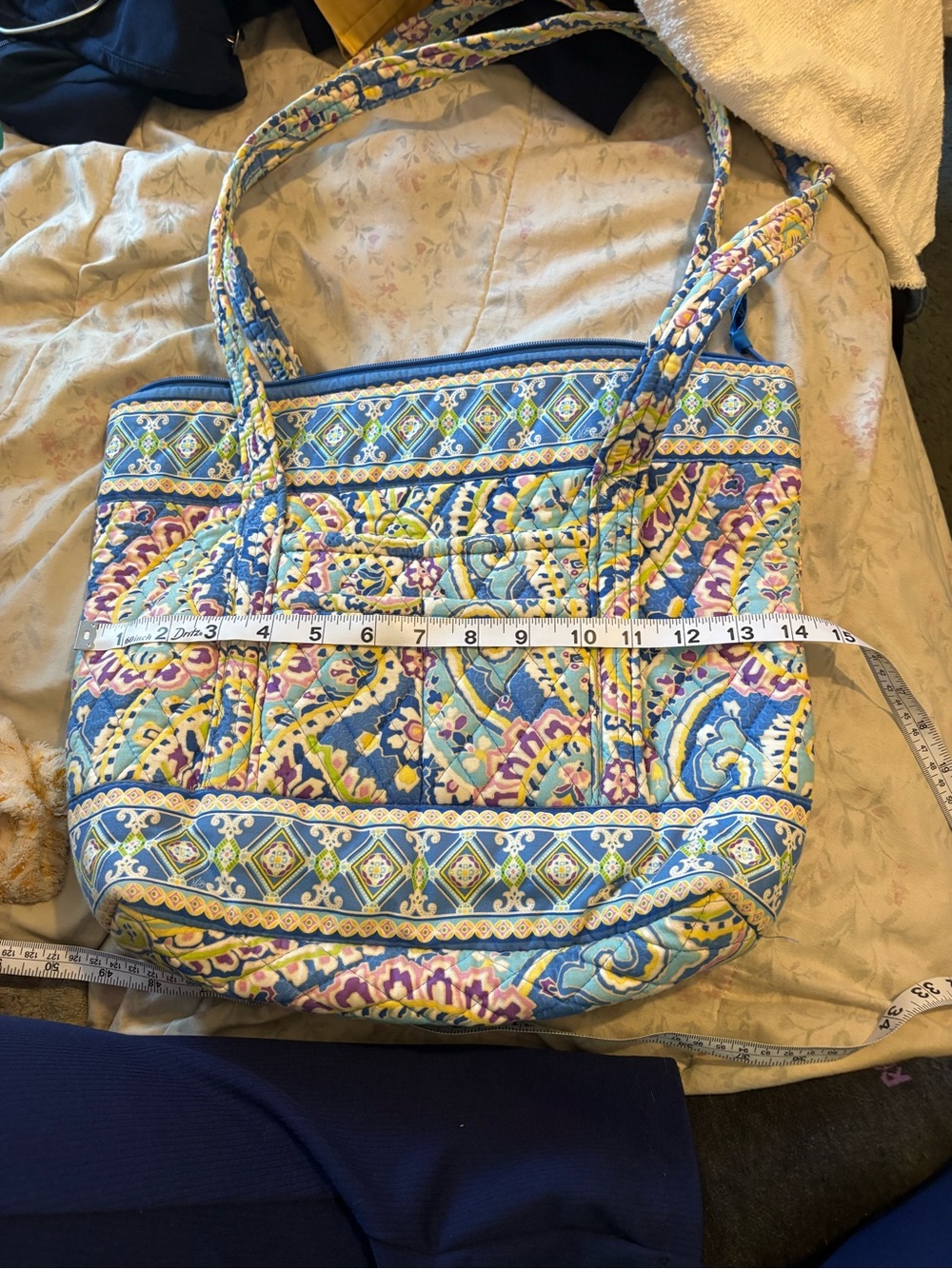Vera Bradley Blue Paisley Quilted Tote Bag Large Zip Top Shoulder Handbag - Picture 6 of 7